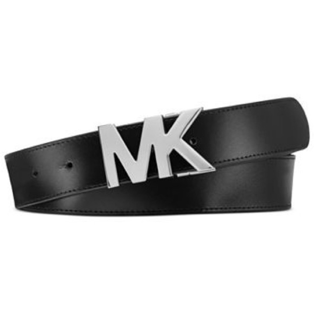 Michael Kors Silver and Black Leather Reversible Logo Buckle Belt